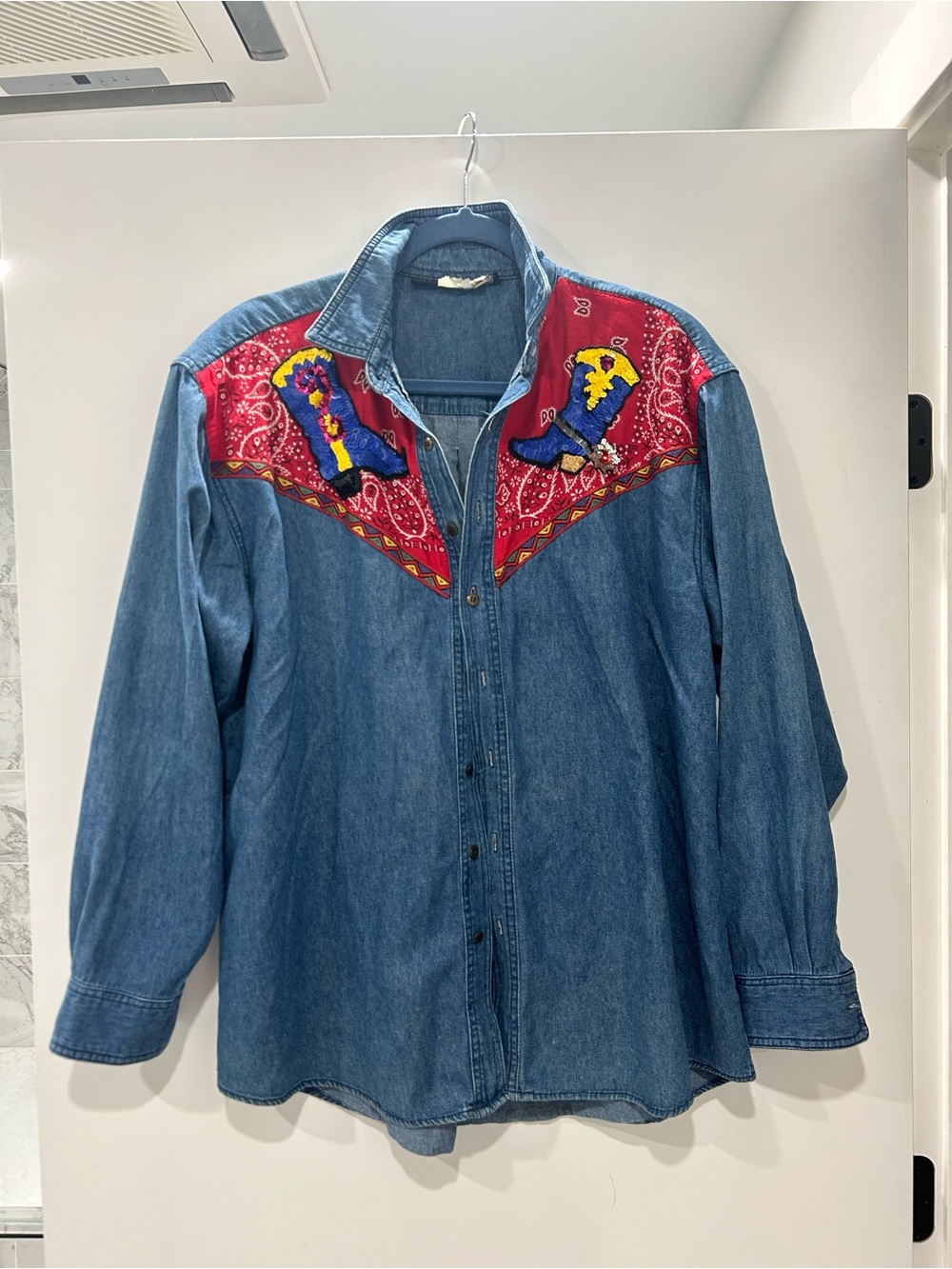 Denim Western button up shirt with Red Bandana and sequins 🤠